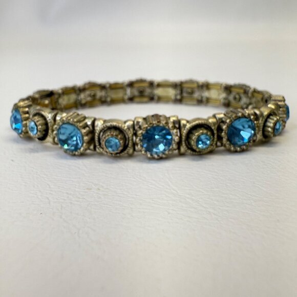 Blue Rhinestone Stretch Bracelet Silver-Tone Retro‎ Vintage Look Classic - Picture 1 of 7